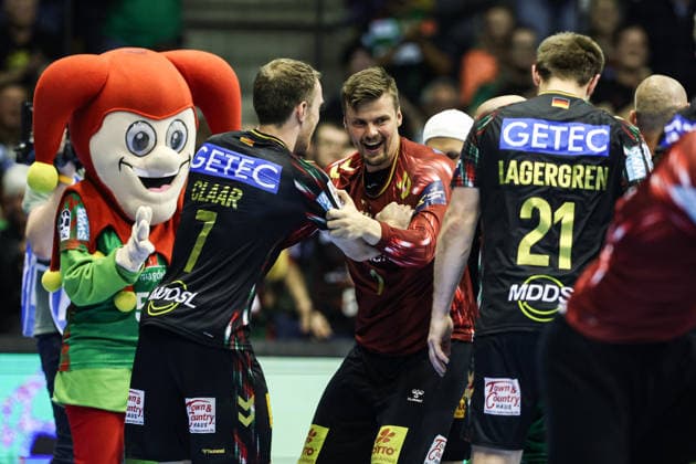 Goalkeeper Sergey Hernandez Ferrer SC Magdeburg,1 and Felix Claar SC Magdeburg,7 Quarterfinals Handball Machineseeker Champions League Season 2025 2026 SC Magdeburg vs SC Pick Szeged at the GETEC Arena in Magdeburg Action,Handball,Germany,07 05 2026