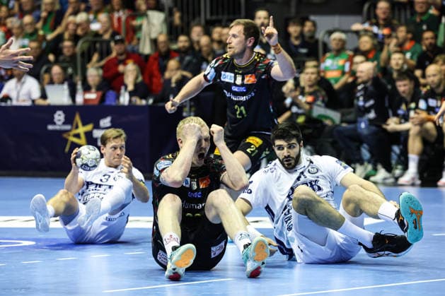 Magnus Saugstrup SC Magdeburg,23 and Imanol Garciandia SC Pick Szeged,41 Quarterfinals Handball Machineseeker Champions League Season 2025 2026 SC Magdeburg vs SC Pick Szeged at the GETEC Arena in Magdeburg Action,Handball,Germany,07 05 2026