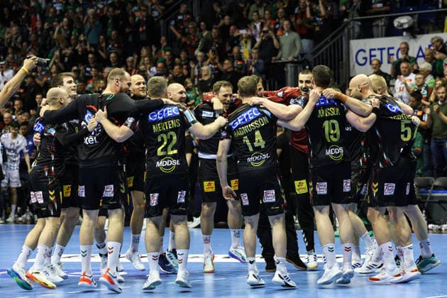 The team of SC Magdeburg celebrates the victory quarterfinal handball Machineseeker Champions League season 2025 2026 SC Magdeburg against SC Pick Szeged in the GETEC Arena in Magdeburg Action,Handball,Germany,07 05 2026