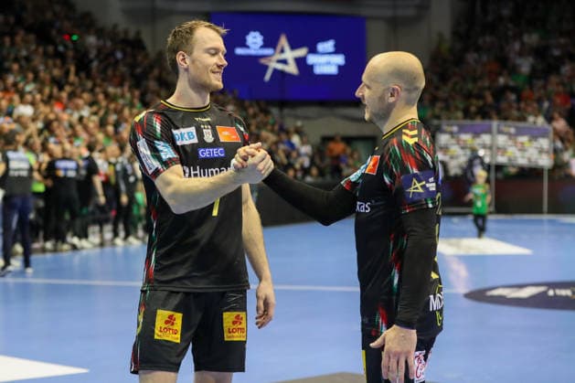 07 05 2026, xgox, Handball EHF Champions League 1 4 Final SC Magdeburg Pick Szeged v l Felix Claar Magdeburg, 7 , Daniel Pettersson Magdeburg, 11 Celebrating the victory, cheering after the end of the game Magdeburg