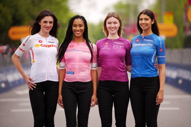 Presentation of the pink jersey, white jersey, cyclamen jersey, blue jersey during Stage 1 of the Giro d™Italia, from Nessebar to Burgas, Bulgaria, Friday, May 8, 2026.  Copyright: xMarcoxAlpozzi LaPressex