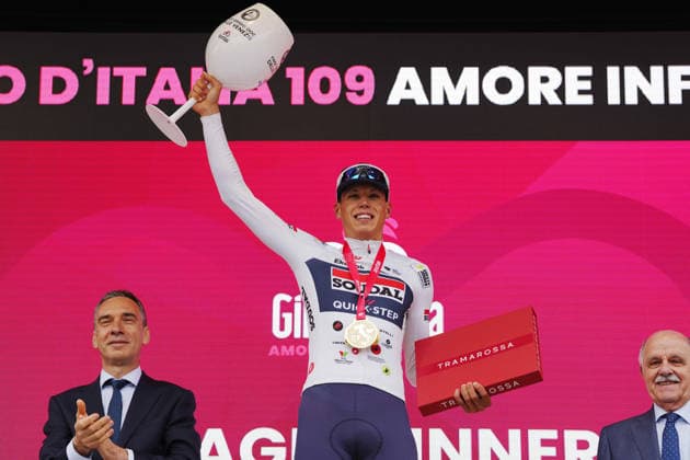 France™s Paul Magnier of Soudal Quick-Step winner on the podium after Stage 1 of the Giro d™Italia, from Nessebar to Burgas, Bulgaria, Friday, May 8, 2026.  Copyright: xMassimoxPaolone LaPressex