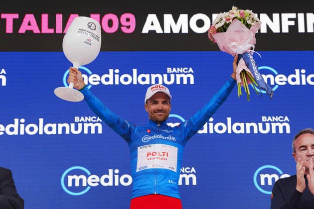 Spain™s Diego Pablo Sevilla Lopez of Team Polti VisitMalta azure ljersey on the podium after Stage 1 of the Giro d™Italia, from Nessebar to Burgas, Bulgaria, Friday, May 8, 2026.  Copyright: xMassimoxPaolone LaPressex