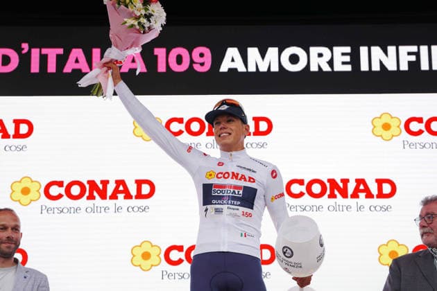 France™s Paul Magnier of Soudal Quick-Step winner with white jersey on the podium after Stage 1 of the Giro d™Italia, from Nessebar to Burgas, Bulgaria, Friday, May 8, 2026.  Copyright: xMassimoxPaolone LaPressex