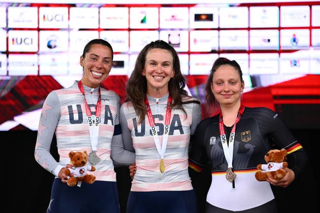 UCI Para Cycling Road World Cup: Round 3 Picture by Olly Hassell SWpix.com - 08 05 2026 - Cycling - UCI Para Cycling Road World Cup: Round 3 - Pescara, Abruzzo, Italy - Women C4 Individual Time Trial (ITT) Podium - Samantha Bosco (United States) receives the Gold Medal, Grace Norman (United States) receives the Silver Medal and Vanessa Laws (Germany) receives the Bronze Medal Copyright: x xSWpix.comx(t axPhotographyxHubxLtd)xOllyxHassell SWpix.comx SWP-3030-13994