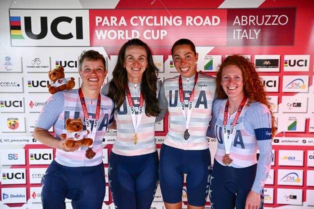 UCI Para Cycling Road World Cup: Round 3 Picture by Olly Hassell SWpix.com - 08 05 2026 - Cycling - UCI Para Cycling Road World Cup: Round 3 - Pescara, Abruzzo, Italy - Individual Time Trial (ITT) Podium - Allison Jones (United States) receives the Bronze Medal, Samantha Bosco (United States) receives the Gold Medal, Grace Norman (United States) receives the Silver Medal and Clara Brown (United States) receives the Bronze Medal Copyright: x xSWpix.comx(t axPhotographyxHubxLtd)xOllyxHassell SWpix.comx SWP-3030-13998