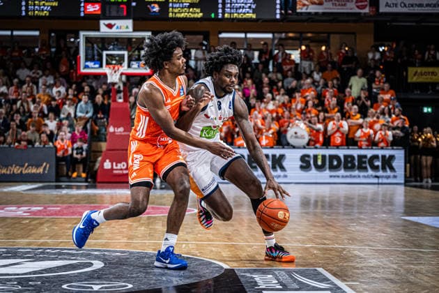 1 Basketball Bundesliga, easyCredit BBL, Season 2025 2026, Men, Main Round, 33 Matchday, 08 05 2026, RASTA Vechta Rostock Seawolves Kassim Nicholson 8 Rostock Seawolves in action Vechta RASTA Dome Lower Saxony Germany