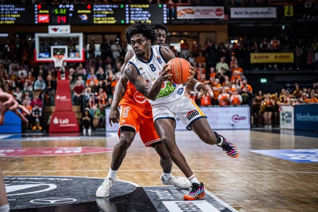 1 Basketball Bundesliga, easyCredit BBL, Season 2025 2026, Men, Main Round, 33 Matchday, 08 05 2026, RASTA Vechta Rostock Seawolves Kassim Nicholson 8 Rostock Seawolves in action Vechta RASTA Dome Lower Saxony Germany