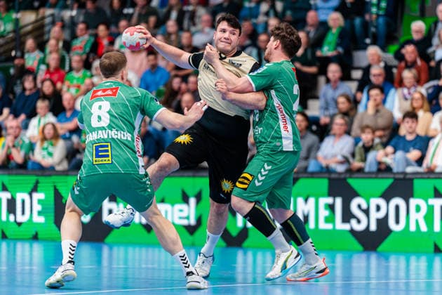 v l Karolis Antanavicius GWD Minden, 08 , Aron Seesing Bergischer HC, 49 , Philipp Vorlicek GWD Minden, 22 GER, GWD Minden vs Bergischer HC, Handball, 1 Bundesliga, Matchday 31, Season 2025 2026, 08 05 2026 GER, GWD Minden vs Bergischer HC, Handball, 1 Bundesliga, Matchday 31, Season 2025 2026, 08 05 2026 Minden Copyright: xEibner-Pressefoto JanxRollingerx EP_JSK