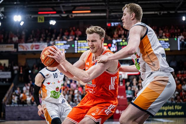 1 Basketball Bundesliga, easyCredit BBL, Season 2025 2026, Men, Main Round, 33 Matchday, 08 05 2026, RASTA Vechta Rostock Seawolves Lars Thiemann 21 RASTA Vechta in action Vechta RASTA Dome Lower Saxony Germany