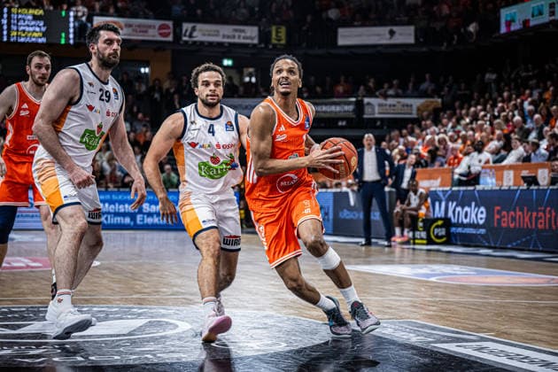 1 Basketball Bundesliga, easyCredit BBL, Season 2025 2026, Men, Main Round, 33 Matchday, 08 05 2026, RASTA Vechta Rostock Seawolves Alonzo Verge 11 RASTA Vechta in action Vechta RASTA Dome Lower Saxony Germany