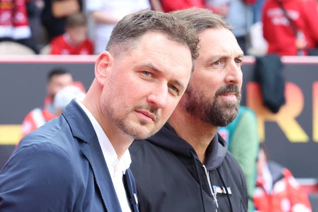 08 05 2026, xrekx, Fußball 2 Bundesliga, 1 FC Kaiserslautern Arminia Bielefeld v l Marcel Klos Sportdirektor 1 FC Kaiserslautern Thomas Hengen Geschäftsführer Geschaeftsfuehrer 1 FC Kaiserslautern DFL DFB REGULATIONS PROHIBIT ANY USE OF PHOTOGRAPHS as IMAGE SEQUENCES and or QUASI VIDEO Kaiserslautern