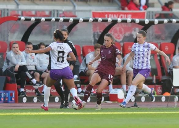 08 05 2026 Soccer Season 2025 2026 1 Womens Soccer Bundesliga 25 Matchday 1 FC Nürnberg FCN Club SGS Essen Sportfoto Zink DaMa xdaxmax Vanessa Fürst Fuerst 8, SGS Essen Sanja Homann 19, 1 FC Nürnberg FCN Leonie Köpp Koepp 20, SGS Essen