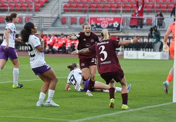 08 05 2026 Soccer Season 2025 2026 1 Womens Soccer Bundesliga 25 Matchday 1 FC Nürnberg FCN Club SGS Essen Sportfoto Zink DaMa xdaxmax Jubel Freude Torjubel nach Tor zum 2 0 Nastassja Lein 24, 1 FC Nürnberg FCN Fany Proniez 3, 1 FC Nürnberg FCN jubiliert freue sich Torschütze Nastassja Lein 24, 1 FC Nürnberg FCN