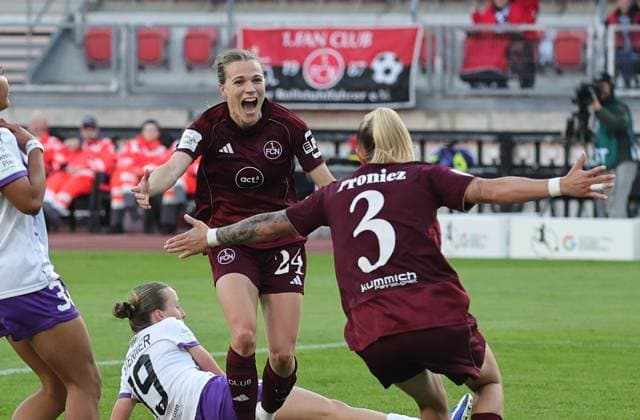 08 05 2026 Soccer Season 2025 2026 1 Womens Soccer Bundesliga 25 Matchday 1 FC Nürnberg FCN Club SGS Essen Sportfoto Zink DaMa xdaxmax Jubel Freude Torjubel nach Tor zum 2 0 Nastassja Lein 24, 1 FC Nürnberg FCN Fany Proniez 3, 1 FC Nürnberg FCN jubiliert freue sich Torschütze Nastassja Lein 24, 1 FC Nürnberg FCN