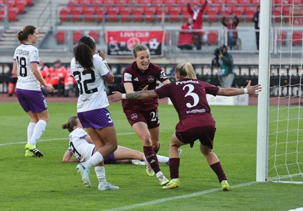 08 05 2026 Soccer Season 2025 2026 1 Womens Soccer Bundesliga 25 Matchday 1 FC Nürnberg FCN Club SGS Essen Sportfoto Zink DaMa xdaxmax Jubel Freude Torjubel nach Tor zum 2 0 Nastassja Lein 24, 1 FC Nürnberg FCN Fany Proniez 3, 1 FC Nürnberg FCN jubiliert freue sich Torschütze Nastassja Lein 24, 1 FC Nürnberg FCN