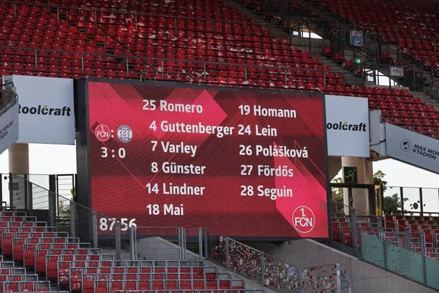 08 05 2026 Soccer Season 2025 2026 1 Women Soccer Bundesliga 25 Matchday 1 FC Nürnberg FCN Club SGS Essen Sportfoto Zink DaMa xdaxmax Symbolbild Symbol photo Feature Impression Scoreboard with final score 3 0 for FCN