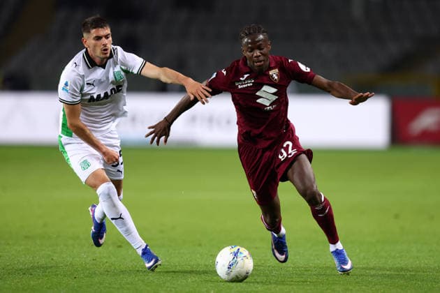 Luca Lipani (US Sassuolo) und Alieu Njie (Torino Fc) battle for the ball, Serie A, Torino FC v US Sassuolo , Olimpico, May 8, 2026, Turin, Italy.