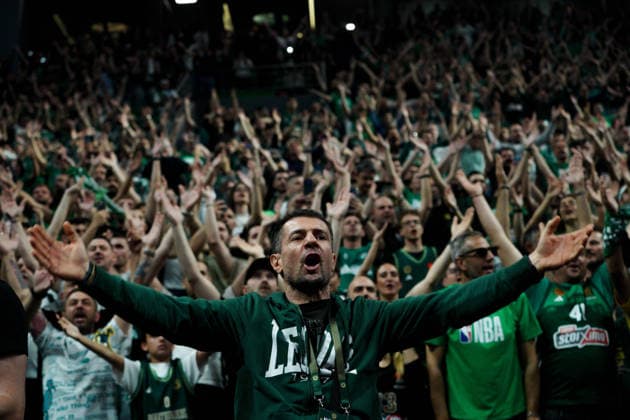 May 8, 2026, Athens, Athens, Greece: A Panathinaikos fan chants slogans during the EuroLeague Playoffs Game 4 between Panathinaikos and Valencia at Telekom Center Athens in Athens, Greece on May 8, 2026. EuroLeague Playoffs: Panathinaikos Vs Valencia  - ZUMAa226 20260508_zip_a226_002 Copyright: xGiorgosxArapekosx