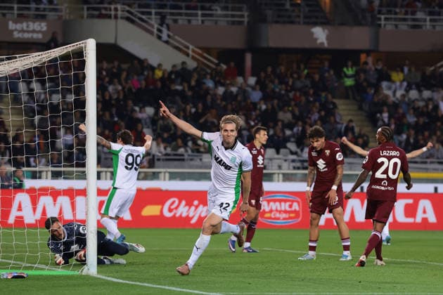 Turin, Italy, 8th May 2026. Kristian Thorstvedt of US Sassuolo celebrates after scoring to give the side a 1-0 lead during the Torino vs Sassuolo Serie A match at Stadio Grande Torino, Turin. Picture credit should read: Jonathan Moscrop Sportimage EDITORIAL USE ONLY. No use with unauthorised audio, video, data, fixture lists, club league logos or live services. Online in-match use limited to 120 images, no video emulation. No use in betting, games or single club league player publications. SPI_019_JM_TORO_SASSUOLO SPI-4758-0019
