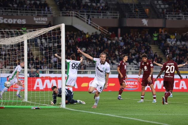 Turin, Italy, 8th May 2026. Kristian Thorstvedt of US Sassuolo celebrates after scoring to give the side a 1-0 lead during the Torino vs Sassuolo Serie A match at Stadio Grande Torino, Turin. Picture credit should read: Jonathan Moscrop Sportimage EDITORIAL USE ONLY. No use with unauthorised audio, video, data, fixture lists, club league logos or live services. Online in-match use limited to 120 images, no video emulation. No use in betting, games or single club league player publications. SPI_020_JM_TORO_SASSUOLO SPI-4758-0020