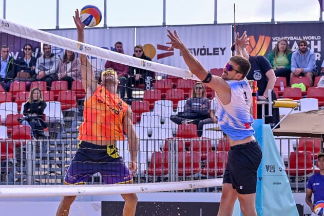 May 8, 2026, Madrid, Madrid, Spain: NATHAN MATOS of Spain and JANNIS HOPT of Germany during the men s preliminary round match (Pool C) between the German national team, Nationalteam and the Spanish national team, held at the Beach Pro Tour Futures Madrid 2026 at the Parque Deportivo Puerta de Hierro on May 8, 2026, in Madrid, Spain. Madrid Spain - ZUMAc312 20260508_zsp_c312_009 Copyright: xOscarxManuelxSanchezx