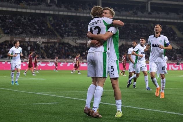 Turin, Italy, 8th May 2026. Kristian Thorstvedt of US Sassuolo celebrates with team mates after scoring to give the visitors a 1-0 lead during the Torino vs Sassuolo Serie A match at Stadio Grande Torino, Turin. Picture credit should read: Jonathan Moscrop Sportimage EDITORIAL USE ONLY. No use with unauthorised audio, video, data, fixture lists, club league logos or live services. Online in-match use limited to 120 images, no video emulation. No use in betting, games or single club league player publications. SPI_024_JM_TORO_SASSUOLO SPI-4758-0024