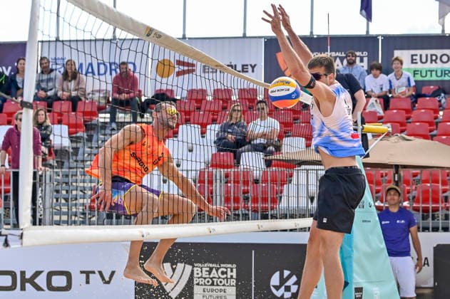 May 8, 2026, Madrid, Madrid, Spain: NATHAN MATOS of Spain and JANNIS HOPT of Germany during the men s preliminary round match (Pool C) between the German national team, Nationalteam and the Spanish national team, held at the Beach Pro Tour Futures Madrid 2026 at the Parque Deportivo Puerta de Hierro on May 8, 2026, in Madrid, Spain. Madrid Spain - ZUMAc312 20260508_zsp_c312_044 Copyright: xOscarxManuelxSanchezx