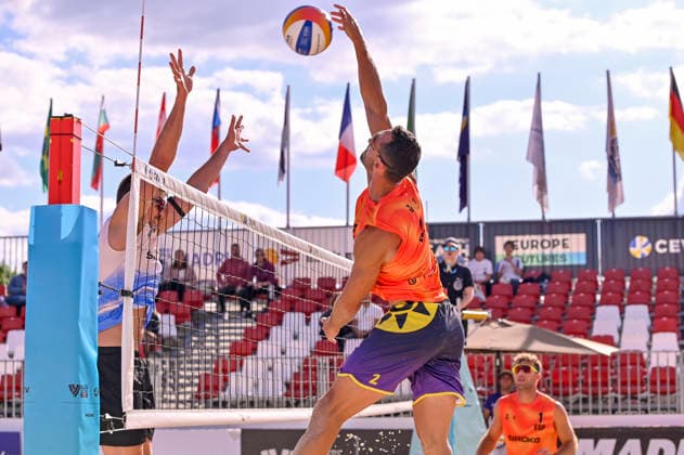 May 8, 2026, Madrid, Madrid, Spain: NATHAN MATOS of Spain and JANNIS HOPT of Germany during the men s preliminary round match (Pool C) between the German national team, Nationalteam and the Spanish national team, held at the Beach Pro Tour Futures Madrid 2026 at the Parque Deportivo Puerta de Hierro on May 8, 2026, in Madrid, Spain. Beach Pro Tour Futures Madrid 2026 (Men s) - 05.08.26 (Day Two)  - ZUMAc312 20260508_zsp_c312_063 Copyright: xOscarxManuelxSanchezx