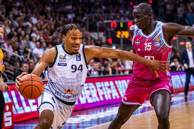 Telekom Baskets Bonn vs VET CONCEPT Gladiators Trier, 08 05 2026 George King VET CONCEPT GLADIATORS TRIER 94 and Kur Jongkuch Telekom Baskets Bonn 15 Telekom Baskets Bonn vs VET CONCEPT Gladiators Trier, 08 05 2026, Telekom Dome Bonn Copyright: xBEAUTIFULxSPORTS Derixx