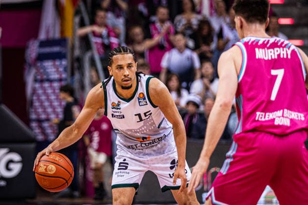 Telekom Baskets Bonn vs VET CONCEPT Gladiators Trier, 08 05 2026 Jordan Roland VET CONCEPT GLADIATORS TRIER 15 and Grayson Murphy Telekom Baskets Bonn 7 Telekom Baskets Bonn vs VET CONCEPT Gladiators Trier, 08 05 2026, Telekom Dome Bonn Copyright: xBEAUTIFULxSPORTS Derixx