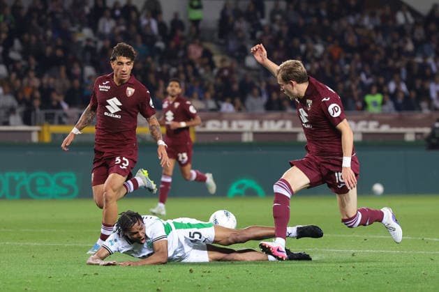 Turin, Italy, 8th May 2026. Luca Marianucci of Torino FC looks on as. team mate Marcus Pedersen clahses with Armand Lauriente of US Sassuolo during the Torino vs Sassuolo Serie A match at Stadio Grande Torino, Turin. Picture credit should read: Jonathan Moscrop Sportimage EDITORIAL USE ONLY. No use with unauthorised audio, video, data, fixture lists, club league logos or live services. Online in-match use limited to 120 images, no video emulation. No use in betting, games or single club league player publications. SPI_053_JM_TORO_SASSUOLO SPI-4758-0053
