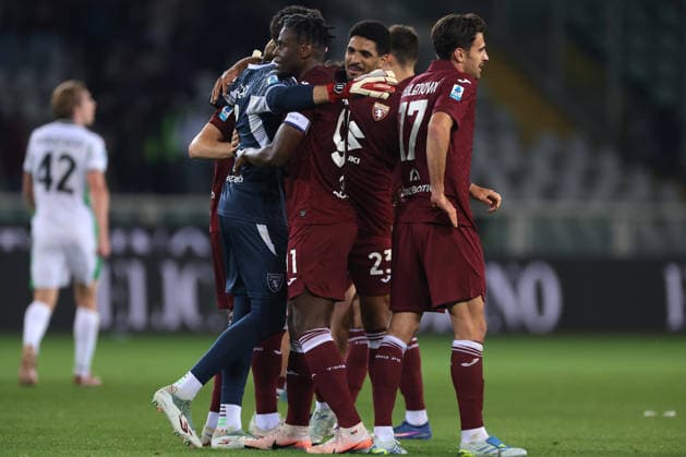 Turin, Italy, 8th May 2026. Torino FC players celebrate the 2-1 victory following the final whistle of the Torino vs Sassuolo Serie A match at Stadio Grande Torino, Turin. Picture credit should read: Jonathan Moscrop Sportimage EDITORIAL USE ONLY. No use with unauthorised audio, video, data, fixture lists, club league logos or live services. Online in-match use limited to 120 images, no video emulation. No use in betting, games or single club league player publications. SPI_065_JM_TORO_SASSUOLO SPI-4758-0065