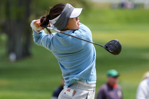 WEST CALDWELL, NJ - MAY 08: Andrea Lee of the United States tees off on at the second tee during the second round of the Mizuho Americas Open on May 8, 2026 at Mountain Ridge Country Club in West Caldwell, New Jersey. (Photo by Andrew Mordzynski Icon Sportswire) GOLF: MAY 08 LPGA, Golf Damen Mizuho Americas Open EDITORIAL USE ONLY Icon2605087733385