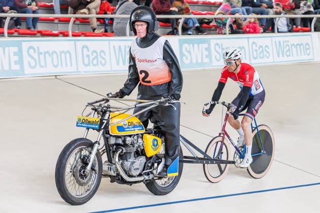 Reinier Honig Veldhoven NL behind Rene Kos Alkmaar NL, Pacemaker , 08 05 2026, Erfurt Germany , Track cycling, Stand-up race, Sparkasse Steher Grand Prix 2026 xprx