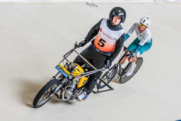 Luca Harter Cloppenburg behind Andre Dippel Bielefeld, Pacemaker , 08 05 2026, Erfurt Germany , Track cycling, Stand-up race, Sparkasse Steher Grand Prix 2026 xprx