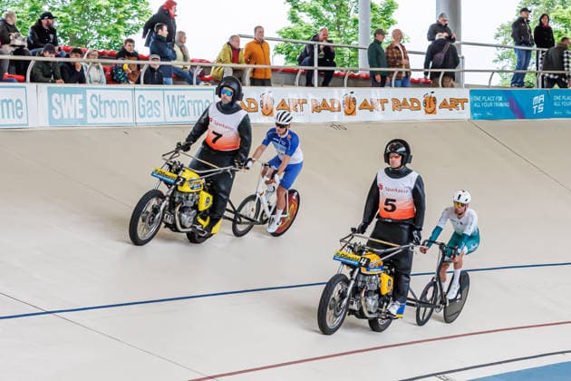 from left Ville Möbus Forst behind Mathias Allwardt Fürstenberg Bad Doberan, pacemaker , Luca Harter Cloppenburg behind Andre Dippel Bielefeld, pacemaker , 08 05 2026, Erfurt Germany , track cycling, stand-up race, Sparkasse Steher Grand Prix 2026 xprx
