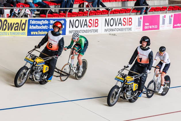 top Constantin Lohse Chemnitz behind Rico Brush Erfurt, pacemaker bottom Robin Rautzenberg Chemnitz behind Sven Lohse Chemnitz, pacemaker , 08 05 2026, Erfurt Germany , Track Cycling, Stand-up Race, Sparkasse Stand-up Grand Prix 2026 xprx
