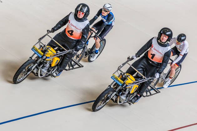 from left Daniel Harnisch Leipzig behind Thomas Baur Singen, pacemaker , Robin Rautzenberg Chemnitz behind Sven Lohse Chemnitz, pacemaker , 08 05 2026, Erfurt Germany , track cycling, stand-up race, Sparkasse Steher Grand Prix 2026 xprx