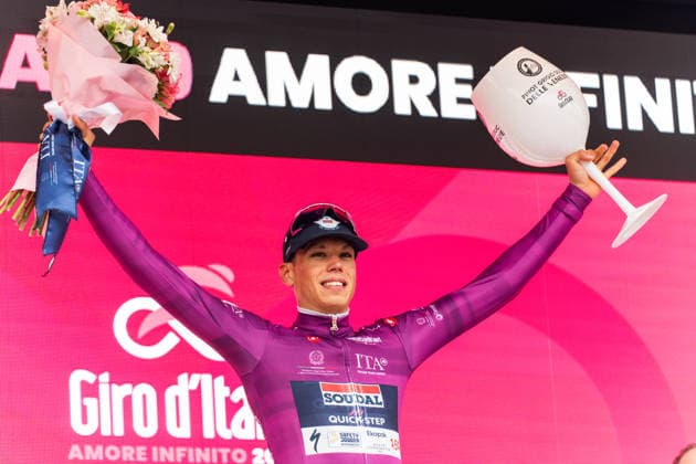 109th Giro d Italia 2026 - Stage 1 Paul Magnier celebrates winning the purple jersey on the podium after the first stage of the 109th Giro d Italia in Burgas, Bulgaria, on May 8, 2026. Burgas Bulgaria  Copyright: xHristoxRusevx originalFilename:rusev-notitle260508_npl4f.jpg
