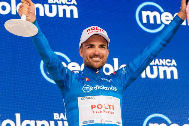 109th Giro d Italia 2026 - Stage 1 Diego Pablo Sevilla celebrates winning the blue mountain jersey after the first stage of the 109th Giro d Italia in Burgas, Bulgaria, on May 8, 2026. Burgas Bulgaria  Copyright: xHristoxRusevx originalFilename:rusev-notitle260508_npV0b.jpg
