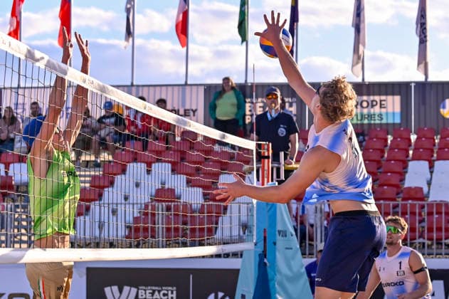 May 9, 2026, Madrid, Madrid, Spain: MATHIS KALIN of Switzerland and TIZIANO ANDREATTA of Italy during the men s preliminary round match (Pool D) between the German national team, Nationalteam and the Spanish national team, held at the Beach Pro Tour Futures Madrid 2026 at the Parque Deportivo Puerta de Hierro on May 8, 2026, in Madrid, Spain. Madrid Spain - ZUMAc312 20260509_zsp_c312_052 Copyright: xOscarxManuelxSanchezx