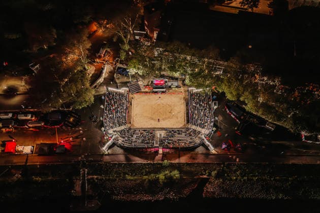 Beach volleyball men Allianz German Beach Tour 2026 Tourstop Düsseldorf 08 05 2026 The beach volleyball stadium at the Robert Lehr Ufer on the Rhine sunset night sky floodlight aerial view birds eye view landscape Düsseldorf Robert Lehr Ufer North Rhine-Westphalia Germany