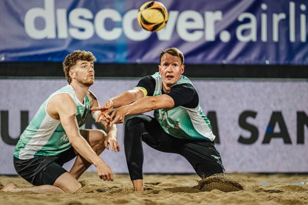 Beach volleyball men Allianz German Beach Tour 2026 Tourstop Düsseldorf 08 05 2026 f l Luis Henrichs and Robin Sowa Düsseldorf Robert Lehr Ufer North Rhine-Westphalia Germany