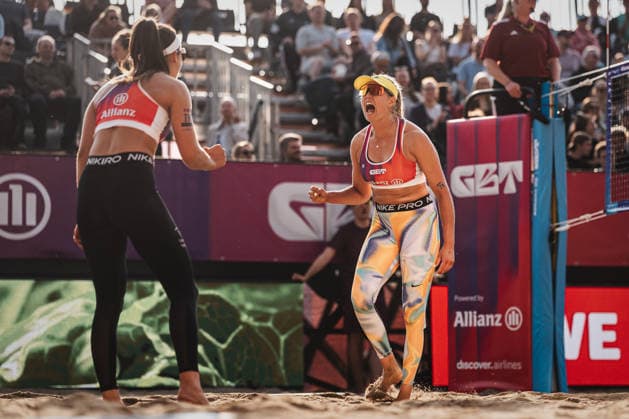 Beach volleyball women Allianz German Beach Tour 2026 Tourstop Düsseldorf 08 05 2026 f l Sophia Neuß and Chenoa Christ rejoice Düsseldorf Robert Lehr Ufer Nordrhein Westfalen Germany