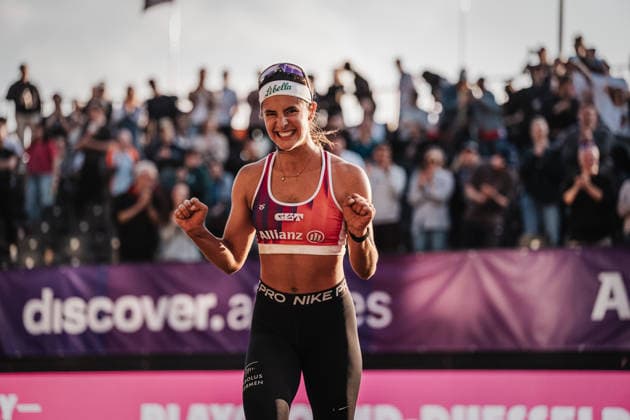 Beach volleyball women Allianz German Beach Tour 2026 Tourstop Düsseldorf 08 05 2026 Sophia Neuß is happy after the victory Düsseldorf Robert Lehr Ufer Nordrhein Westfalen Germany