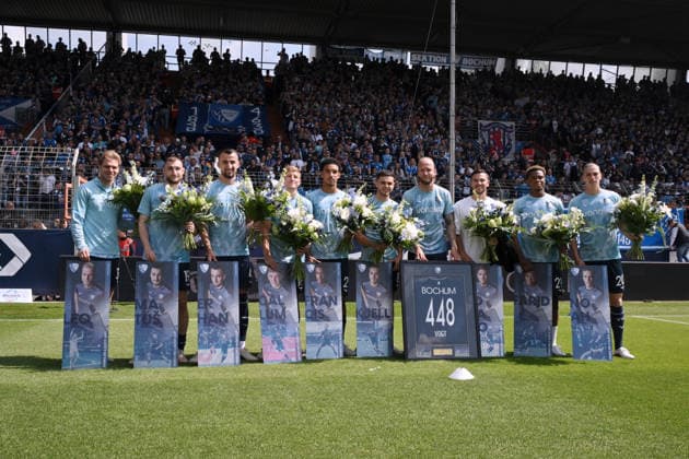 Noah Loosli VfL Bochum , Farid Alfa Ruprecht VfL Bochum , Romario Rösch VfL Bochum , Romario Roesch, Kevin Vogt VfL Bochum , Kjell Wätjen VfL Bochum , Francis Onyeka VfL Bochum , Callum Marshall VfL Bochum , Erhan Masovic VfL Bochum , Matus Bero VfL Bochum , Leandro Morgalla VfL Bochum m v right, were officially adopted 09 05 2026, Football 2 Bundesliga, Season 2025 2026, 33 Matchday, VfL Bochum Hannover 96 DFL regulations prohibit any use of photographs as image sequences and or quasi video Bochum Vonovia Ruhrstadion Nordrhein Westfalen Germany Team2