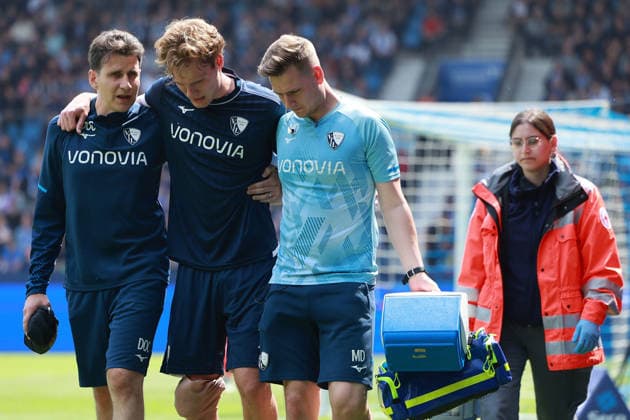 Soccer 2 Bundesliga 33 Matchday VfL Bochum Hannover 96 on 09 05 2026 at Vonovia Ruhrstadion in Bochum Mats Panneweg Bochum is led off the pitch injured DFL regulations prohibit any use of photographs as image sequences and or quasi video xJRx