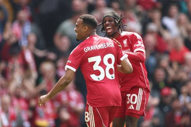 Ryan Gravenberch of Liverpool celebrates a goal 1-0. Liverpool v Chelsea, Premier League, Football, Anfield, Liverpool , UK - 09 May 2026Liverpool Anfield United Kingdom EDITORIAL USE ONLY No use with unauthorised audio, video, data, fixture lists, club league logos or live services. Online in-match use limited to 120 images, no video emulation. No use in betting, games or single club league player publications. Copyright: xRyanxBrowne Shutterstockx 16861683al
