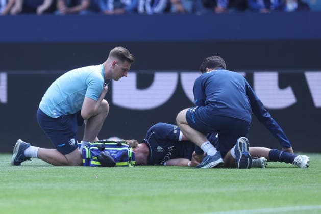 Soccer 2 Bundesliga 33 Matchday VfL Bochum Hannover 96 on 09 05 2026 at Vonovia Ruhrstadion in Bochum Mats Panneweg Bochum injured on the ground DFL regulations prohibit any use of photographs as image sequences and or quasi video xJRx